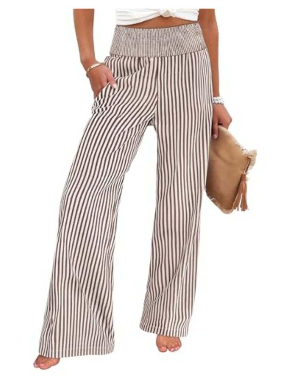 Smocked Waist Wide Leg Palazzo Pants Stripe Gingham Pockets